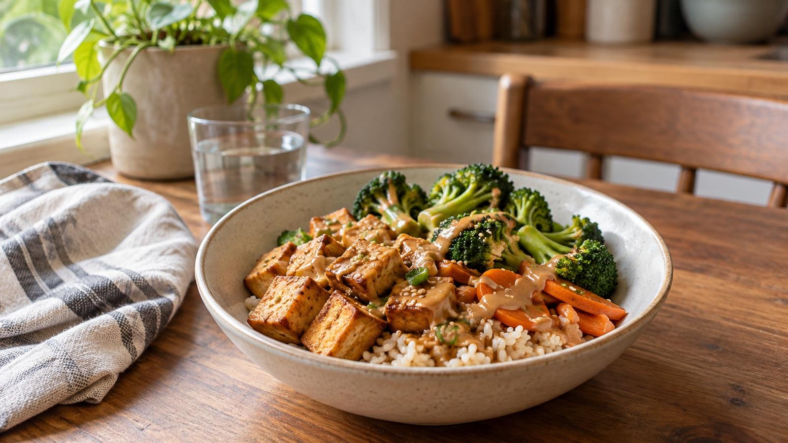 A simple vegan grain bowl with rice, tofu, broccoli, and carrots on a quiet kitchen table.