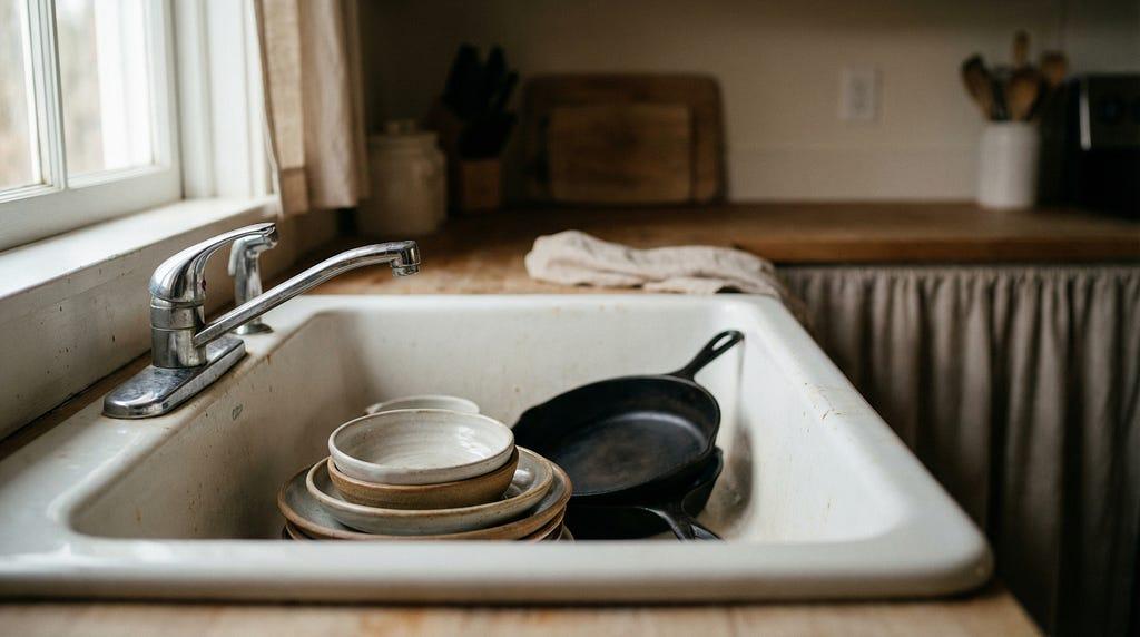 A kitchen sink with a few dishes and a pan in soft natural window light