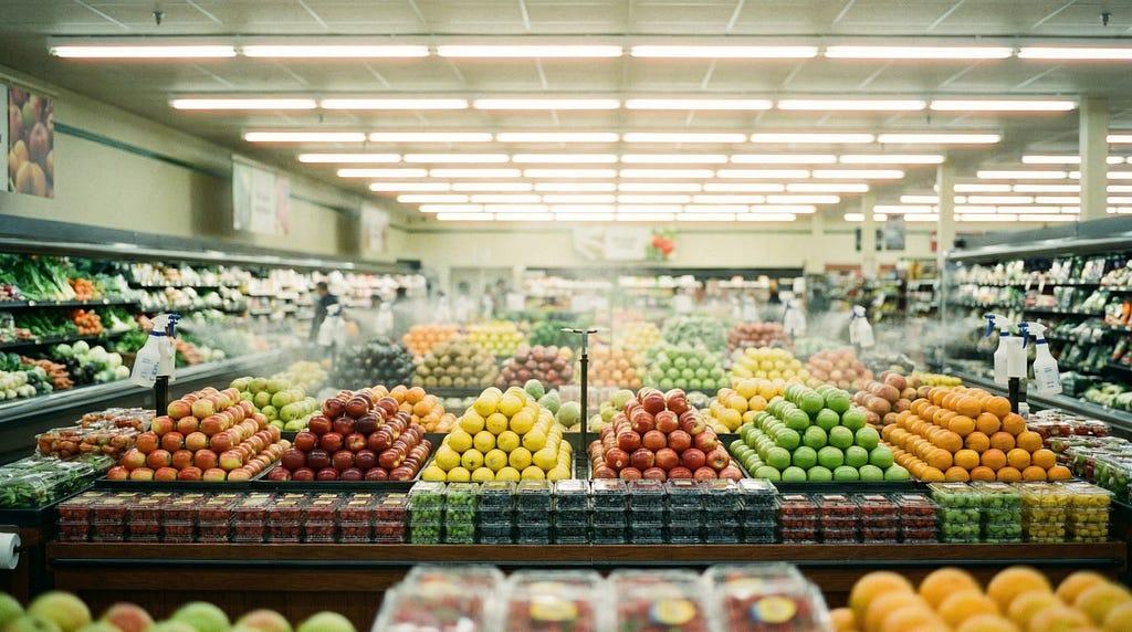 A brightly lit grocery store produce section with neatly stacked fruits and vegetables glistening under mist