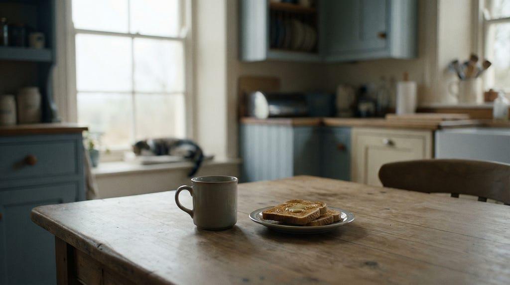 An empty kitchen table with a mug and a plate of toast in quiet morning light