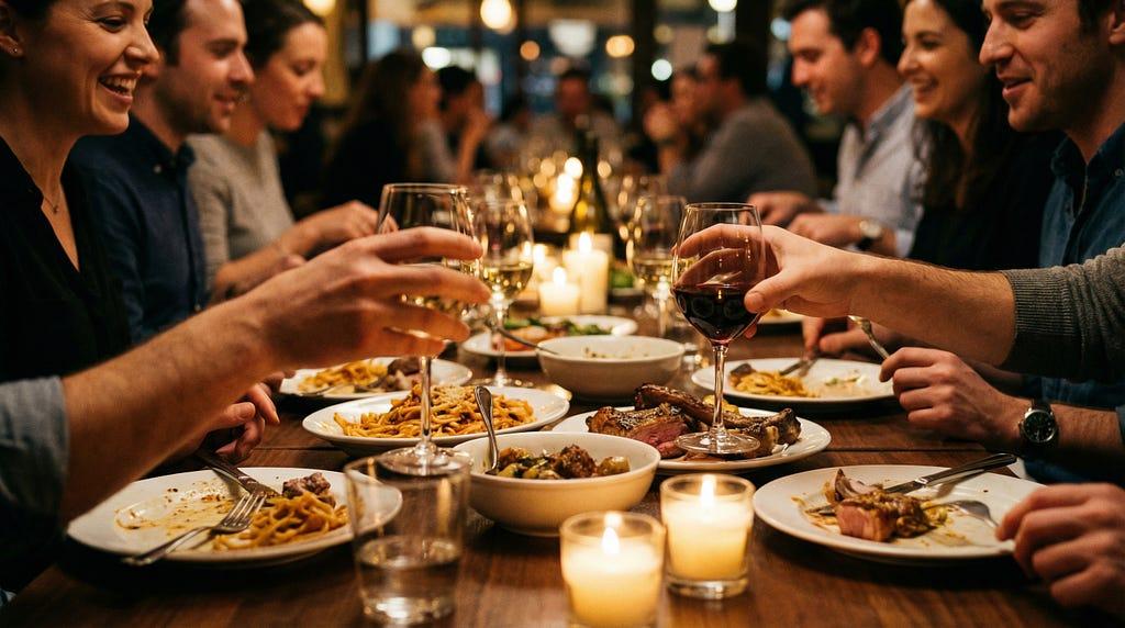 A dinner table with plates and glasses in warm candlelight, hands visible but no faces