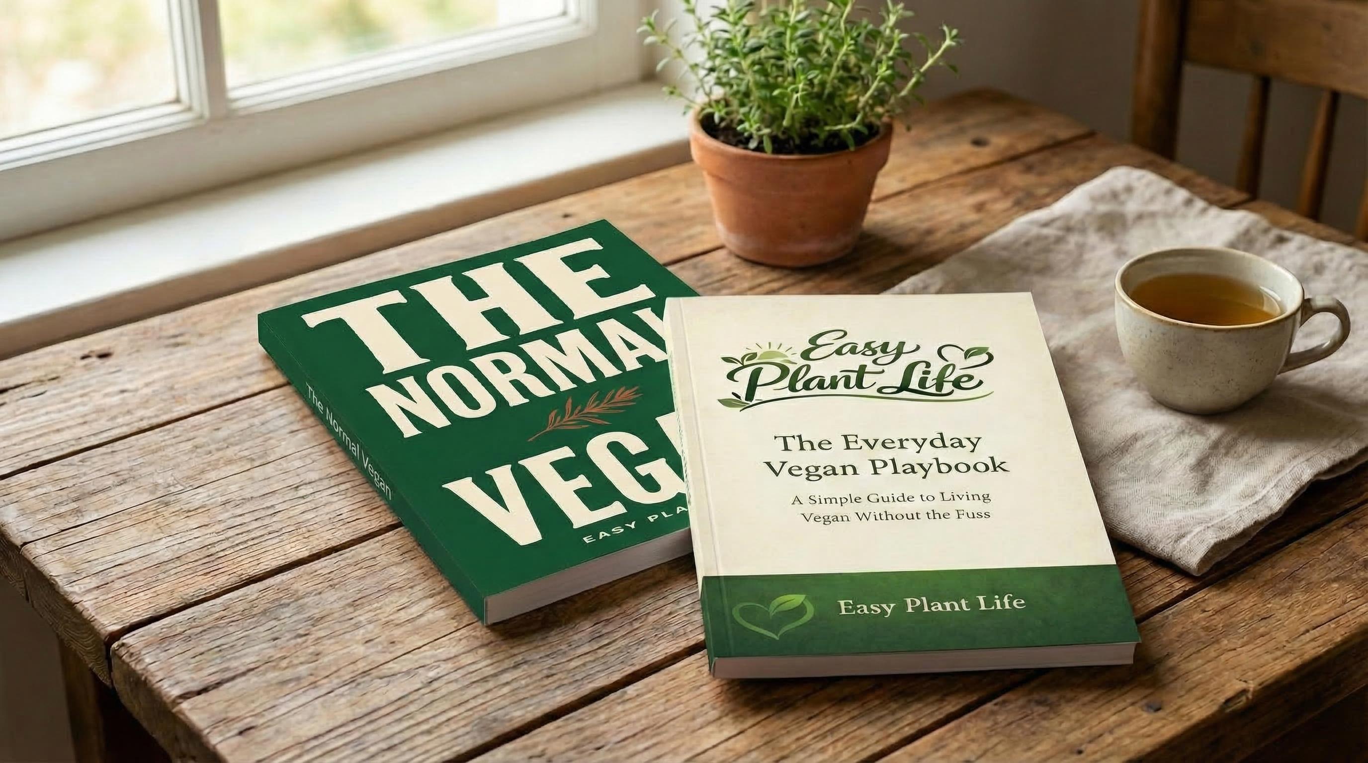 The Everyday Vegan Playbook and The Normal Vegan on a wooden table with a plant and tea