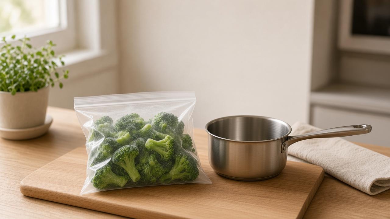 A frosted bag of frozen broccoli on a wooden cutting board beside a small empty saucepan.