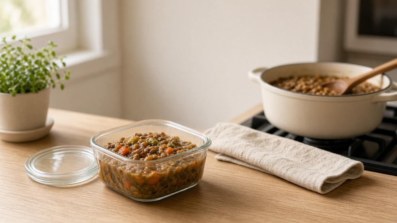 A single glass container of lentil stew set aside on a quiet kitchen counter, with the pot still on the stove.