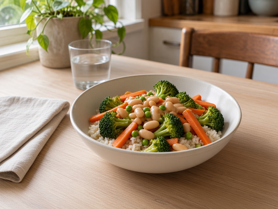A bowl of rice, mixed vegetables, and white beans on a wooden table in soft window light.
