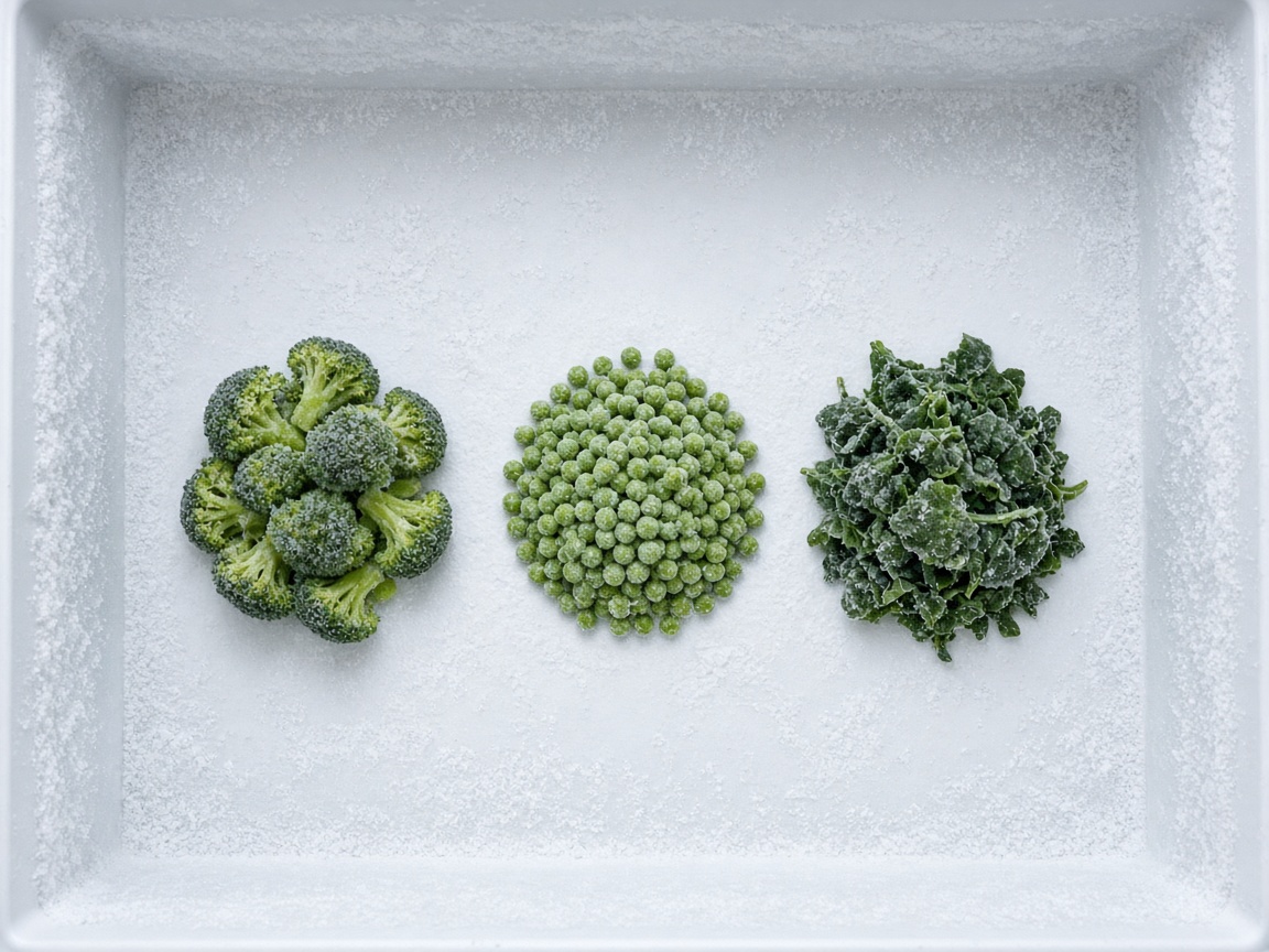 An open freezer drawer with separate piles of frozen broccoli, peas, and spinach, and empty space around them.