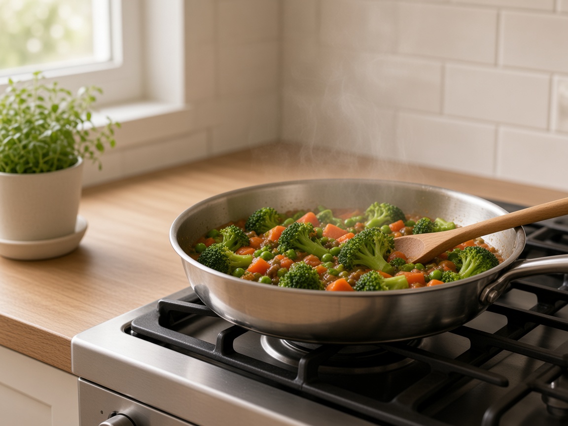 Broccoli, peas, and carrots warming in a shallow pan, with a wooden spoon resting on the rim.