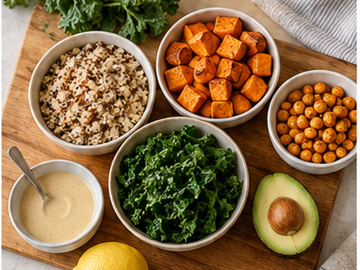 Simple vegan meal components including grains, sweet potato, chickpeas, kale, avocado, and a creamy sauce.