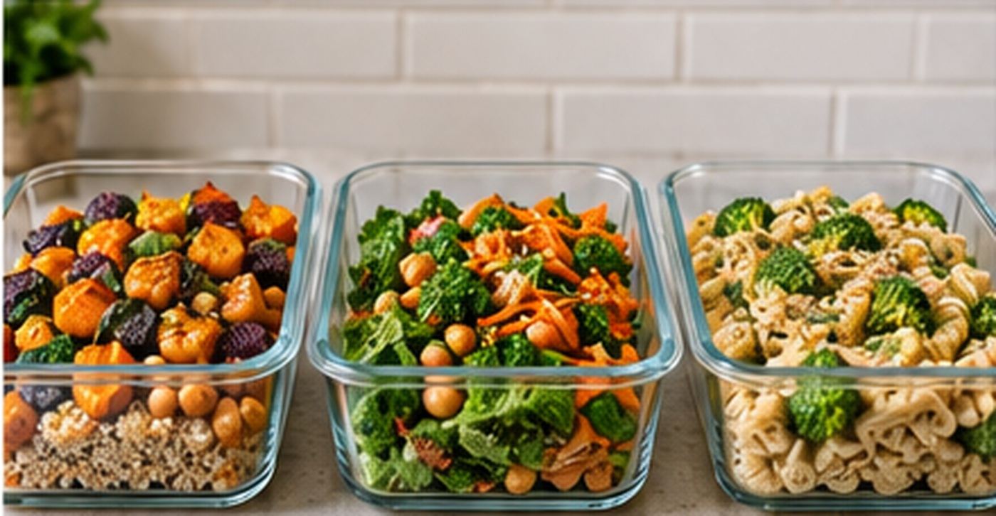 Three glass containers holding simple plant-based meals made from vegetables, grains, chickpeas, and pasta.
