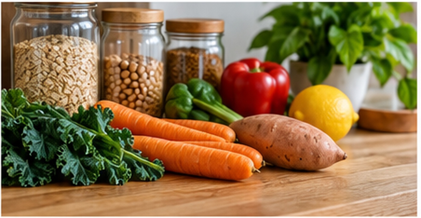 Basic plant-based staples and vegetables arranged on a kitchen counter for easy everyday meals.
