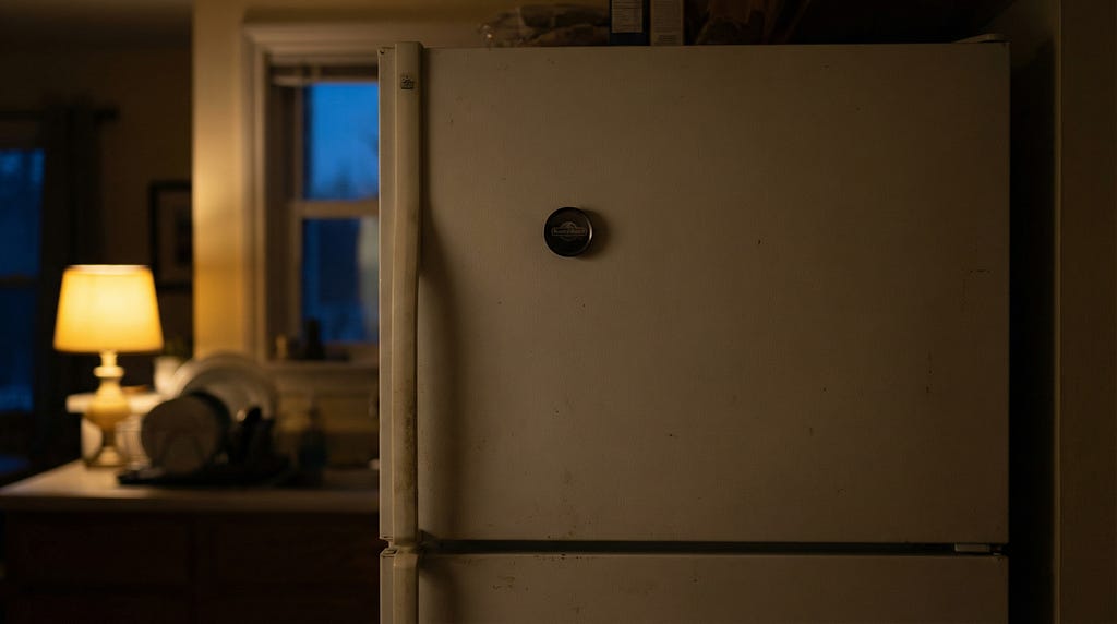 A closed refrigerator door in a quiet kitchen at the end of the day