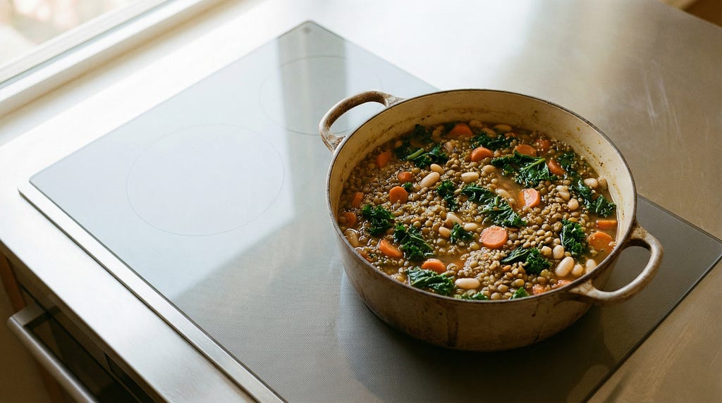 A single pot with a simple meal on an otherwise empty stovetop