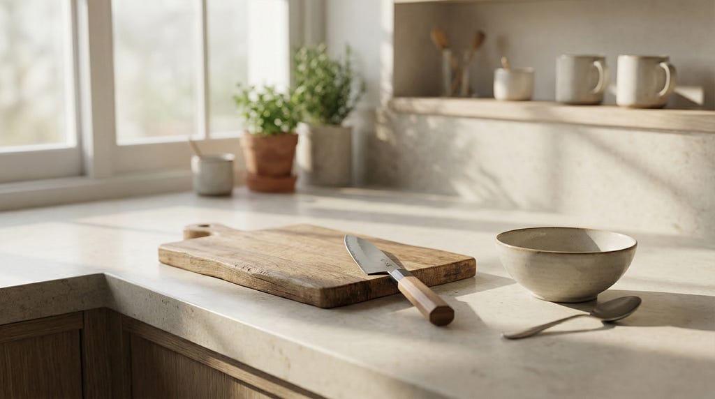 A clean kitchen counter with just a cutting board, knife, and bowl in natural light