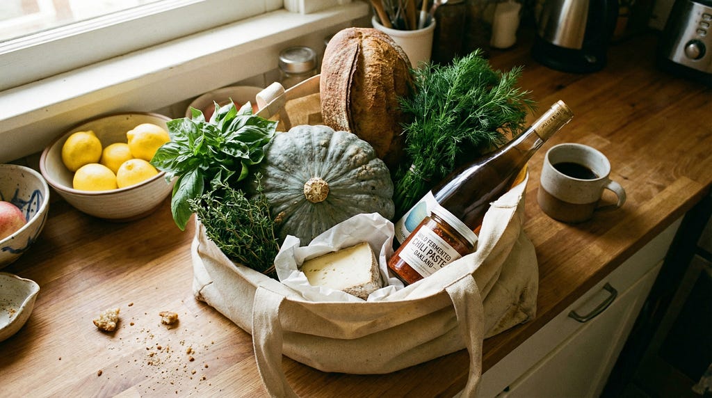 A grocery bag on a kitchen counter filled with ambitious ingredients that may or may not get used