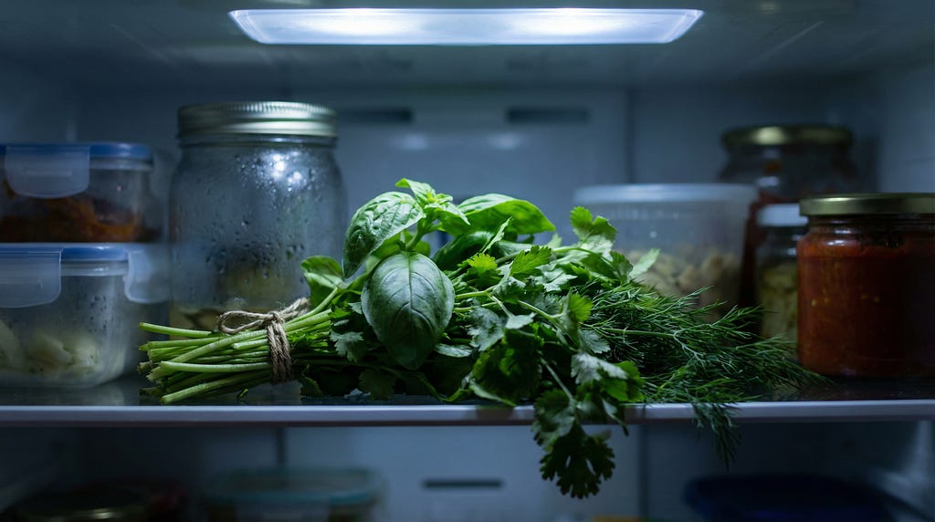 A wilting bunch of herbs sitting unused on a refrigerator shelf