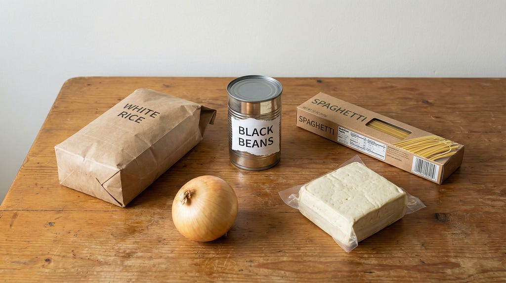 Basic pantry staples arranged simply on a wooden surface