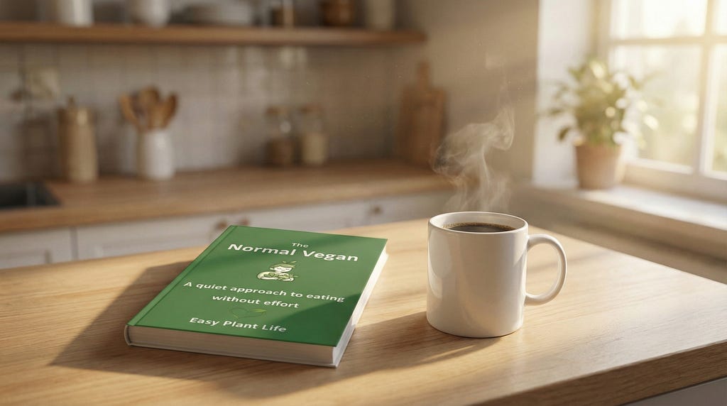 A paperback copy of The Normal Vegan resting on a kitchen counter beside a coffee mug in soft morning light