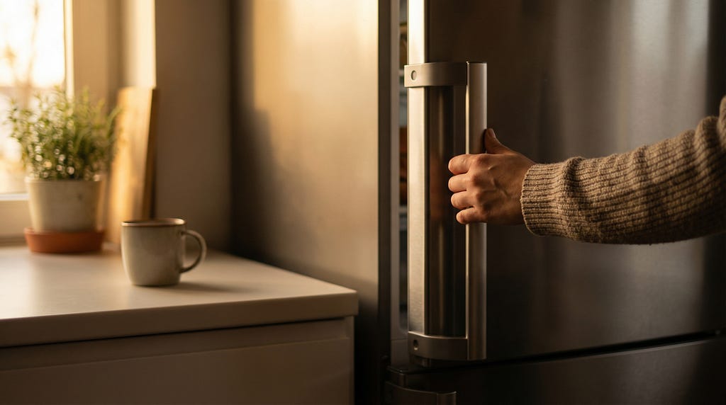A hand gently closing a refrigerator door in a calm, minimal kitchen