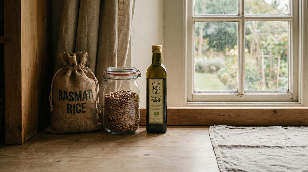 A few everyday pantry staples on a kitchen counter in soft morning light