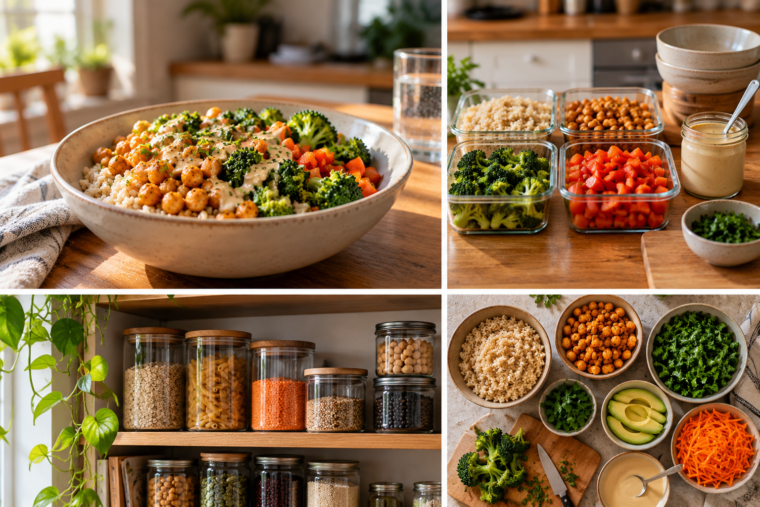 A familiar vegan grain bowl alongside prepared ingredients and pantry staples in a naturally lit kitchen.