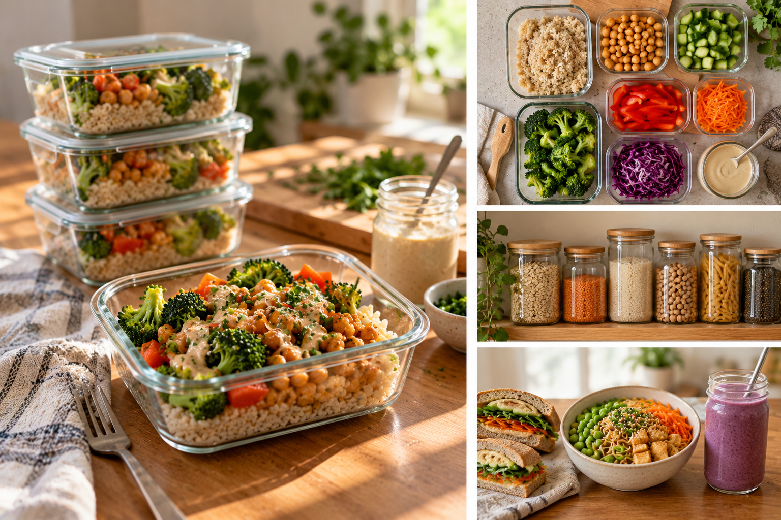A small collection of prepared plant-based meals and ingredients in reusable glass containers.