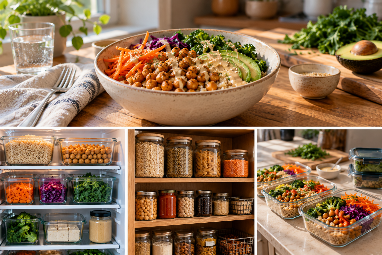 A simple plant-based meal with familiar ingredients, prepared components, and organized kitchen staples.