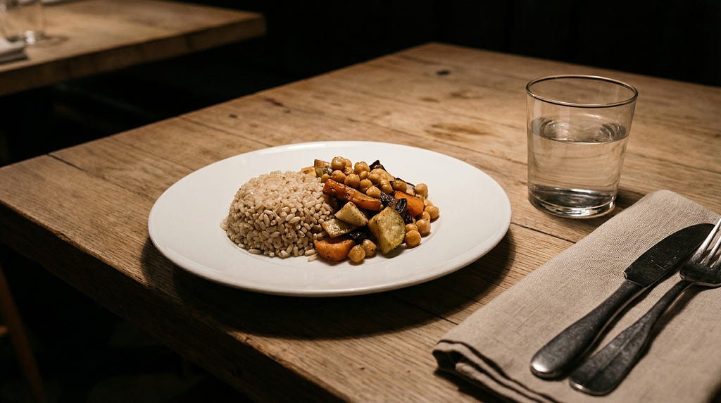 A single quiet place setting at a restaurant table with a simple plate of food