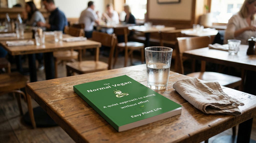 A paperback copy of The Normal Vegan resting on a restaurant table beside a glass of water